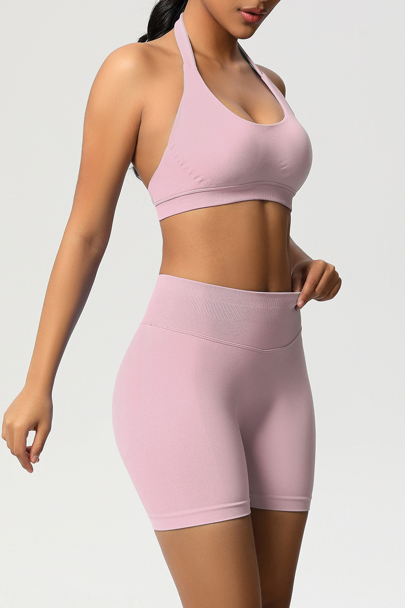 Women Halter Neck Yoga Set: High-Waisted Sculpting Shorts + Backless Sports Bra