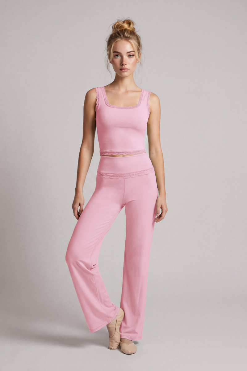 Women's Lace Trim Tank Top And Wide Leg Pants Workout Set