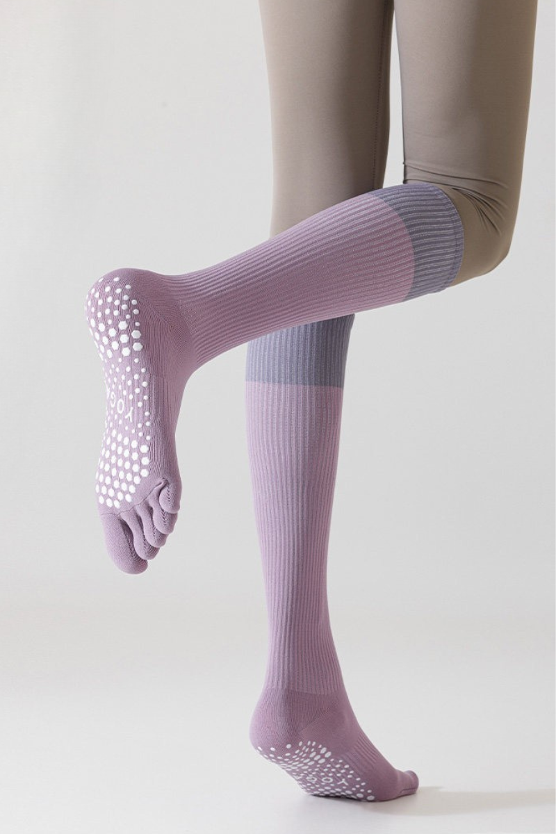 Color Block Non-Slip Knee-High Yoga Five-Toe Socks
