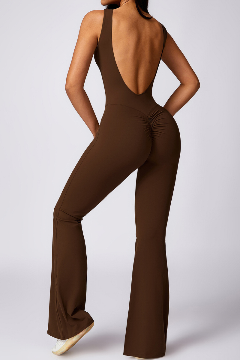 Women Pleated Buttocks Lift Padded Flared Leg Yoga Jumpsuit