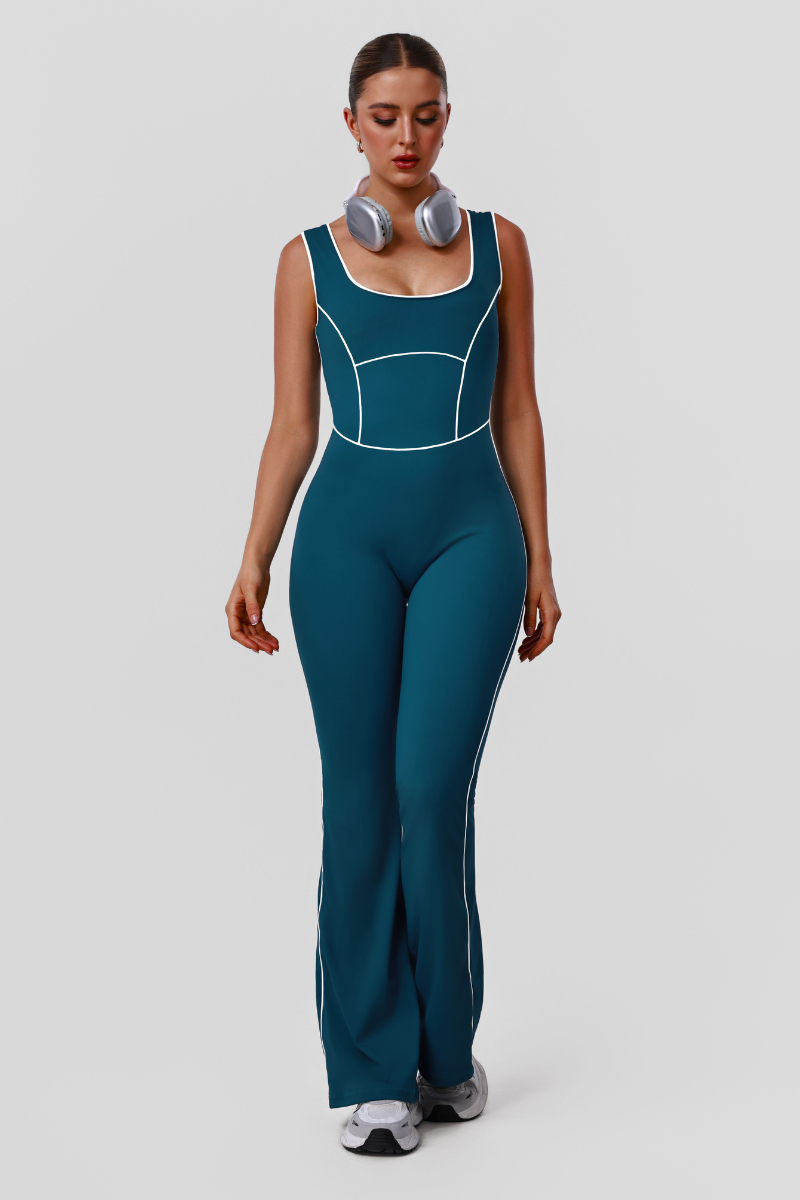 Women's Athletic Color Block U-Neck Flared Pants Jumpsuit