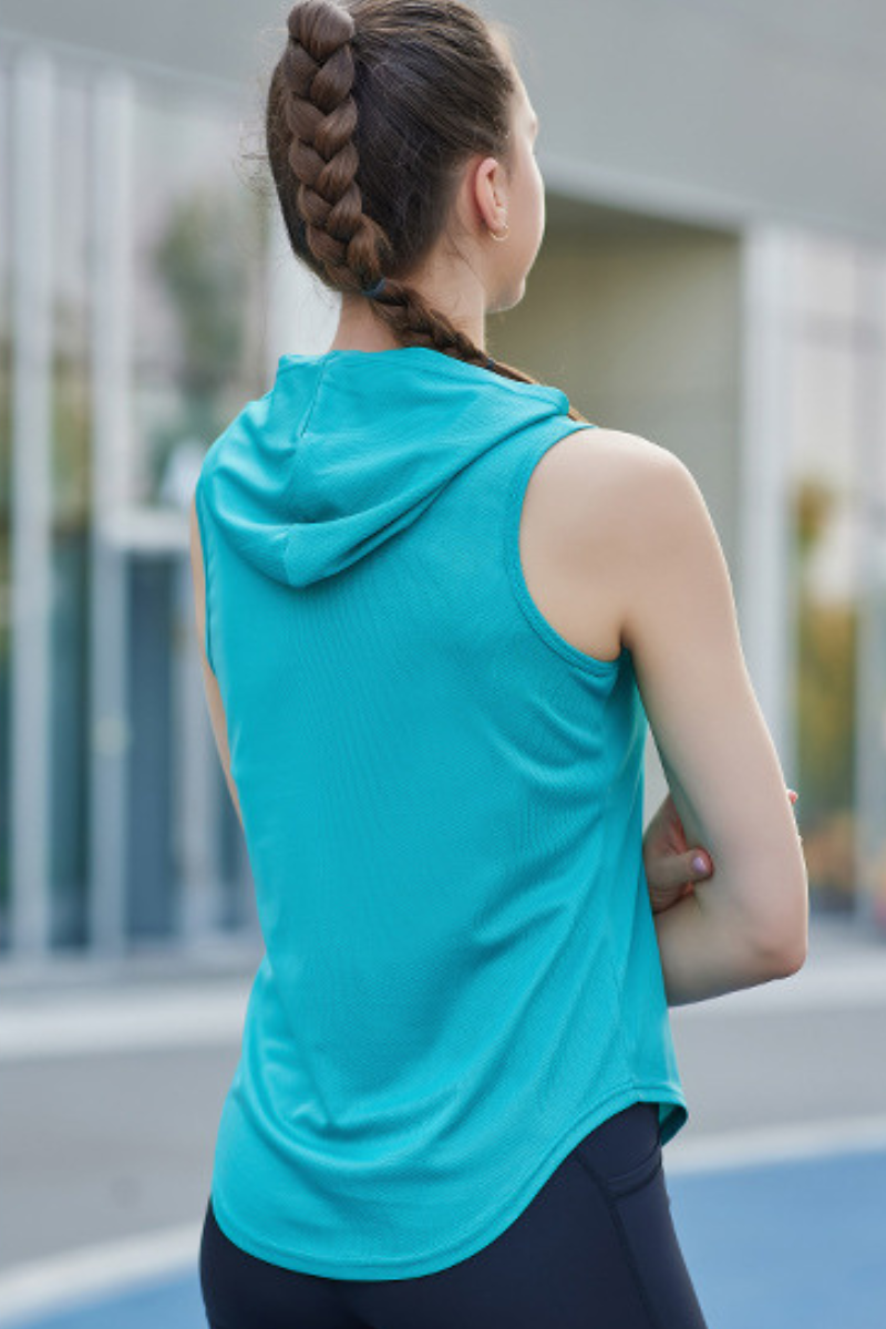 Women's Hooded Curved Hem Mesh Quick Dry Athletic Tank Top