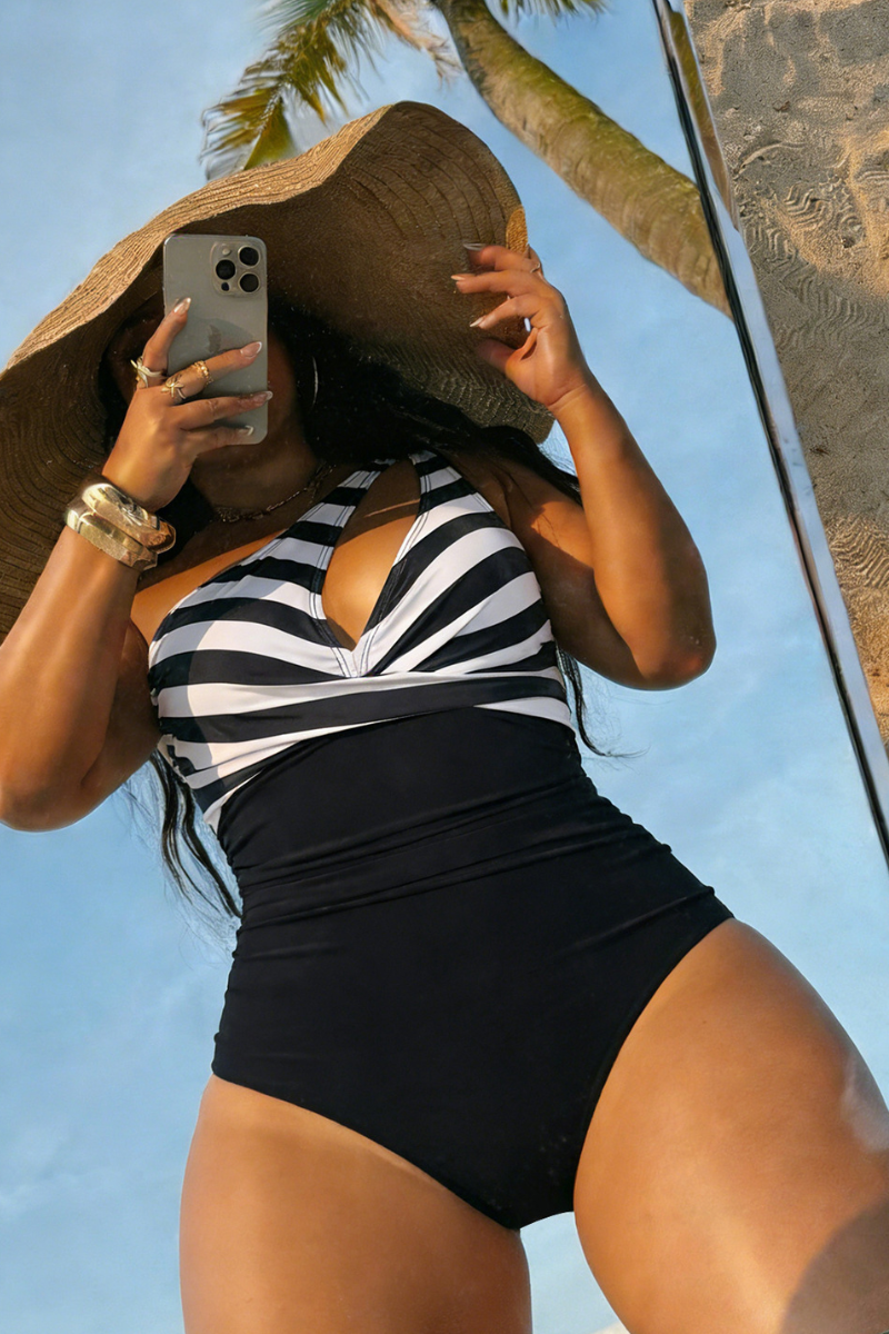 Women Striped Asymmetric One-Shoulder Cutout Ruched Swimsuit