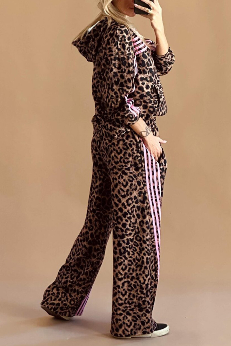 Women's Fall Leopard Print Sets:Side Stripe Hoodie And Pants