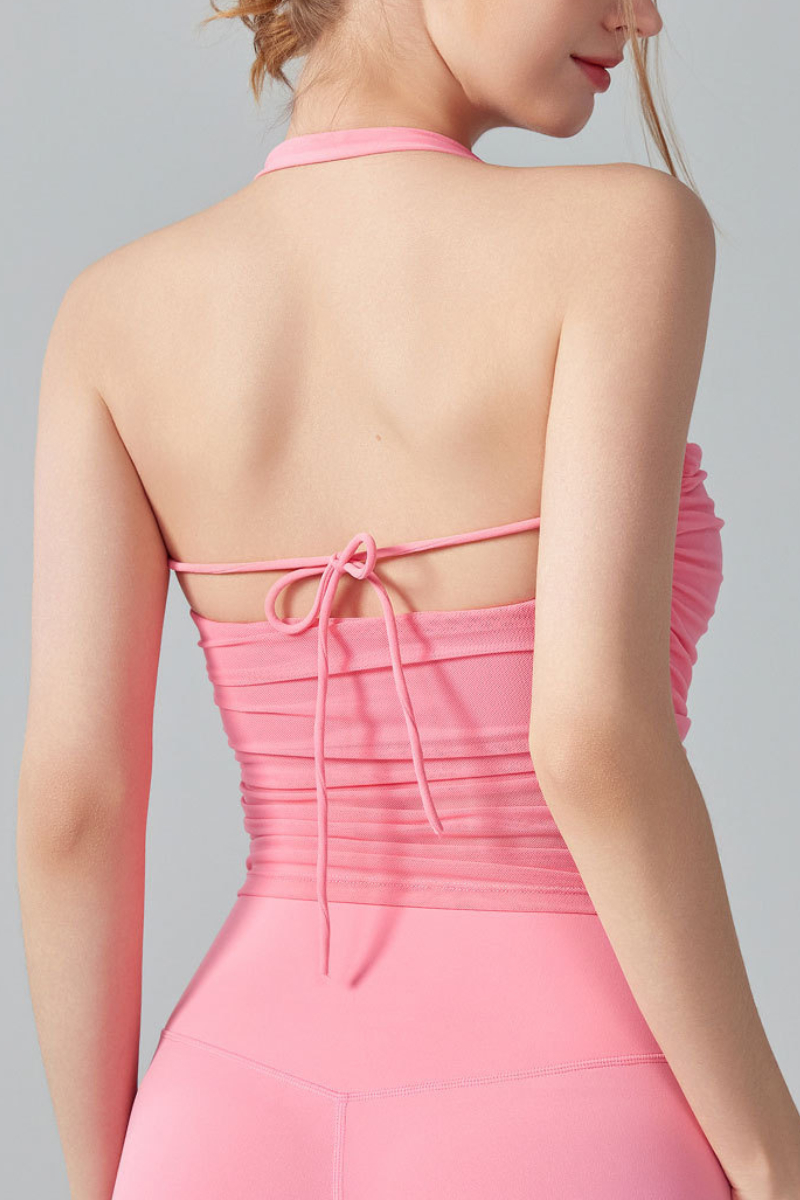 Women's HalterTie-Back Ruched Waist Mesh Padded Yoga Tank Top
