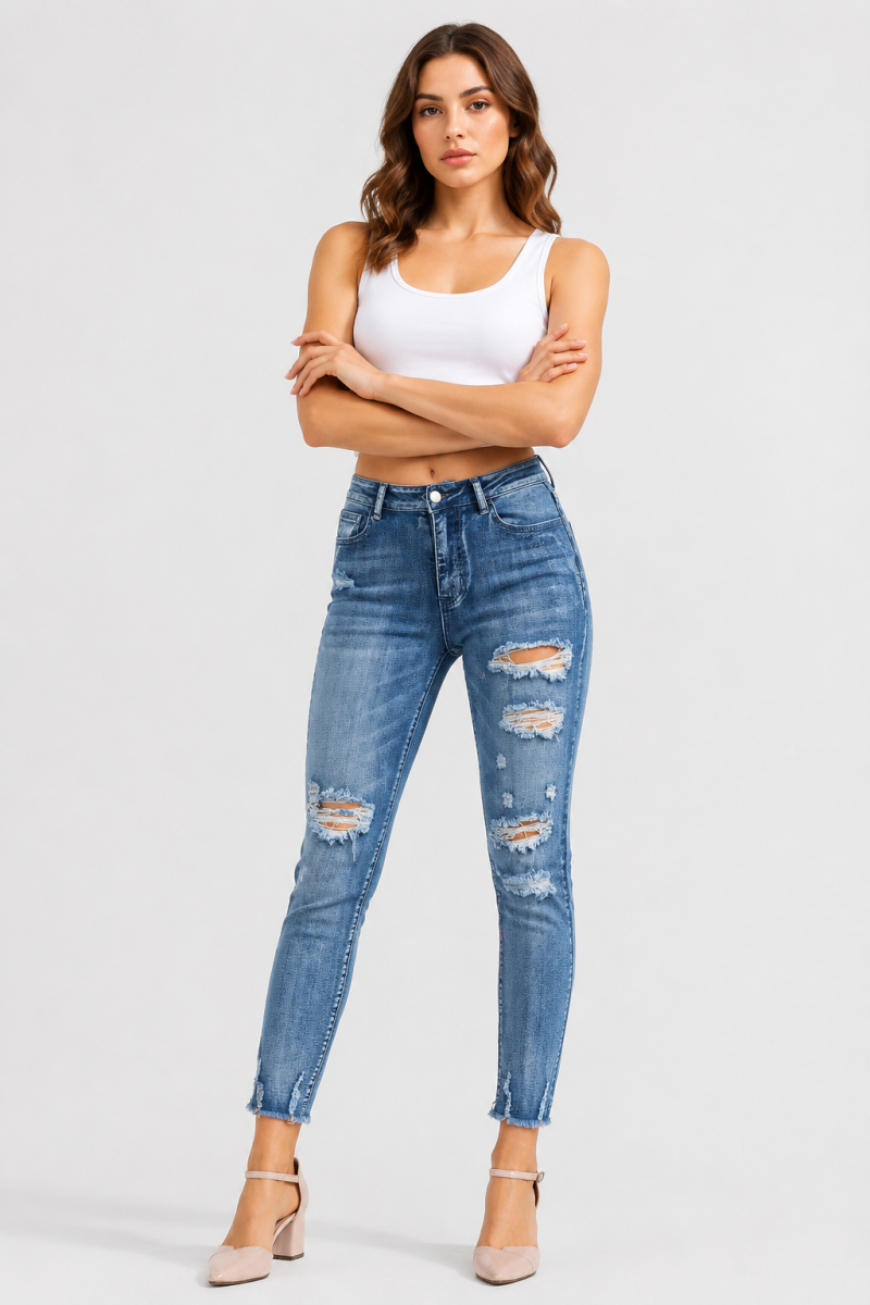 Women's High Waist Distressed Skinny Raw Hem Cropped Jeans