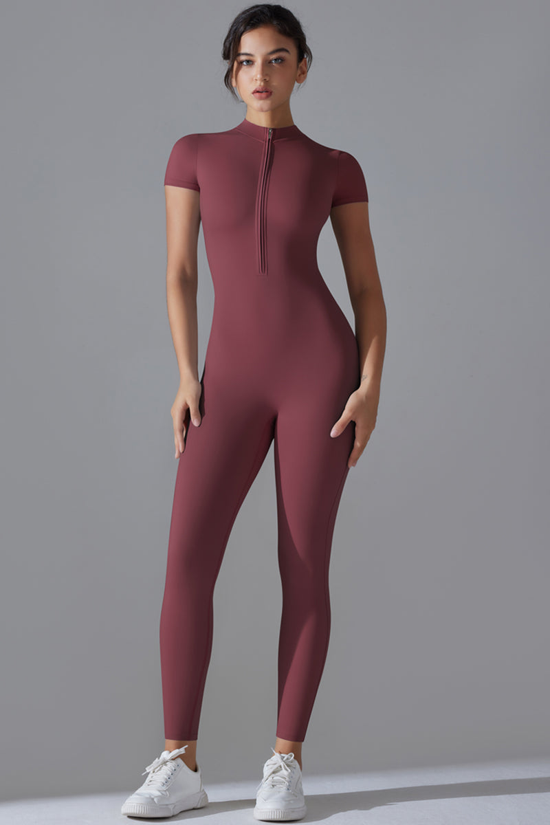 Seamless Women'S Half Zip Short Sleeve Jumpsuit