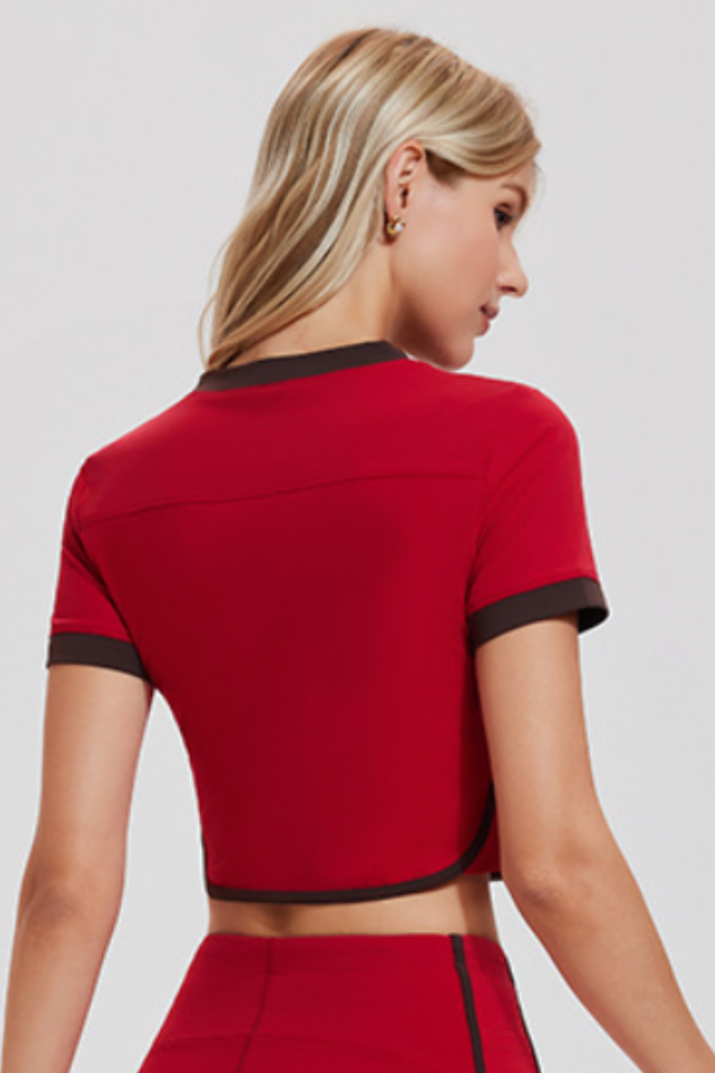 Women's Contrast Trim V-Neck Cropped Tennis T-shirt