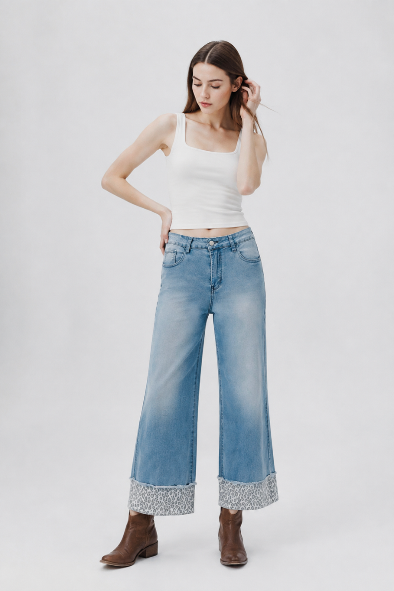 Women's Fall Leopard Print Cuff Relaxed Wide Leg Jeans