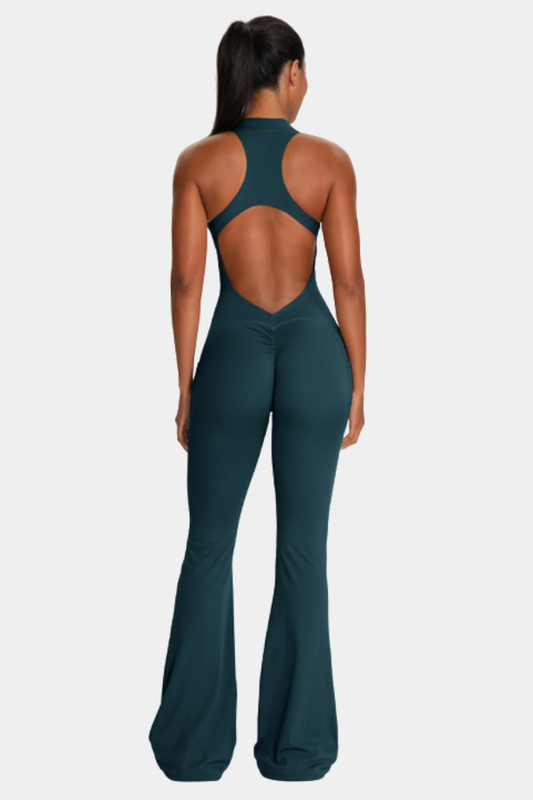 Women's Cut Out Pleated Buttocks Lift Pocket Flared Jumpsuit