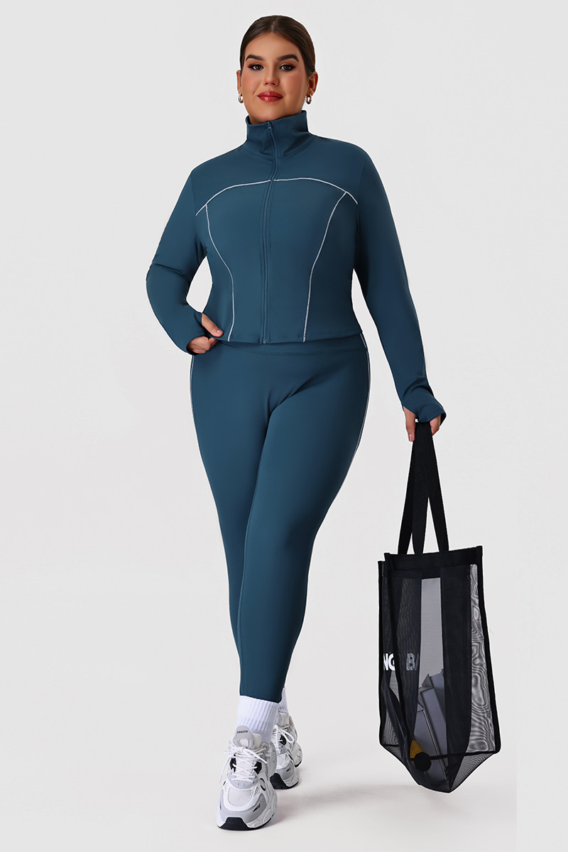 Plus Size Women's Color-Block Line Yoga Set With Jacket And Leggings