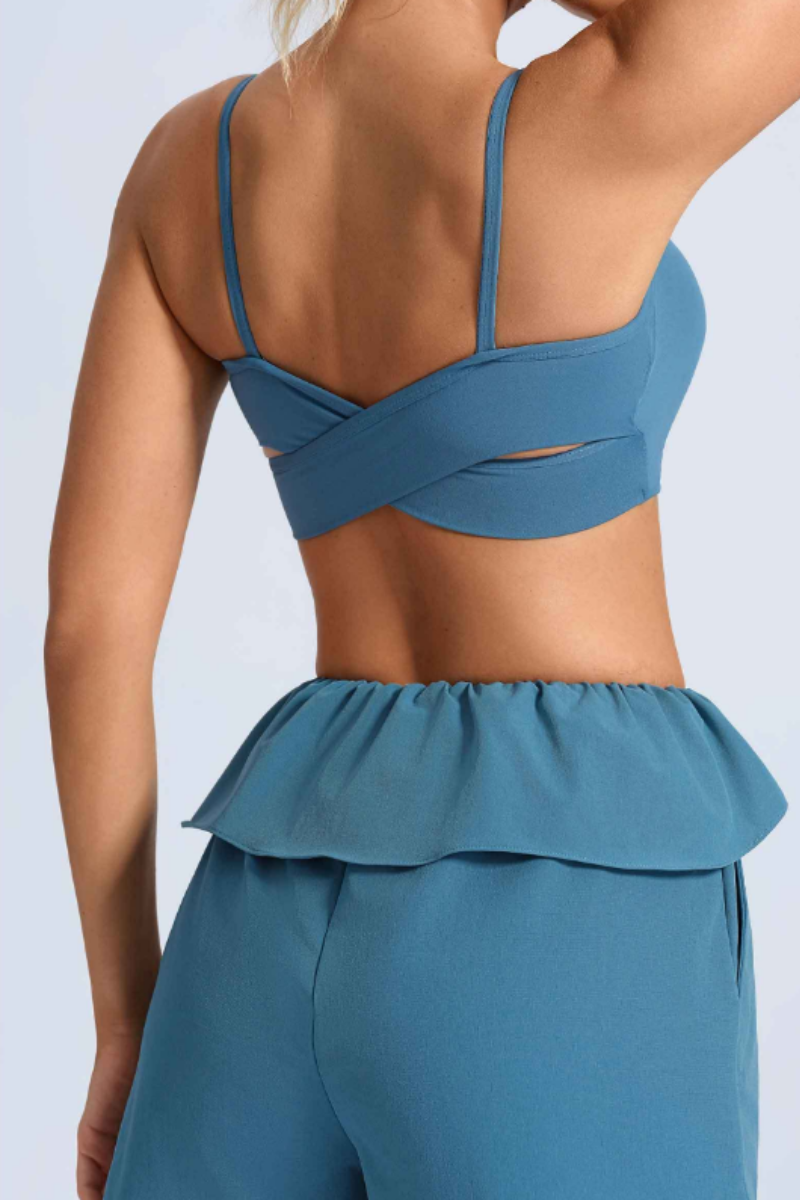 Women's Athletic Sets:Cross Back Bra And  Ruffle Shorts