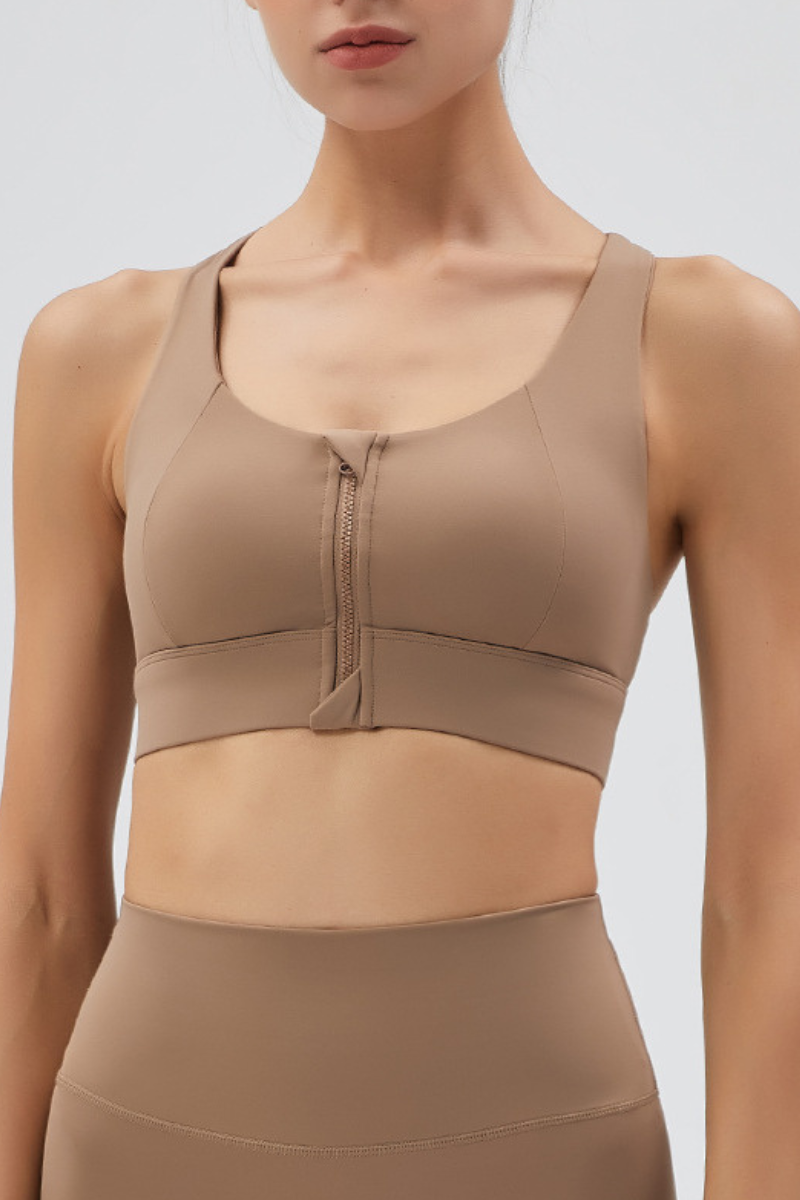 Women's Front Zipper Racerback Back Mesh Panel High Impact Sports Bra