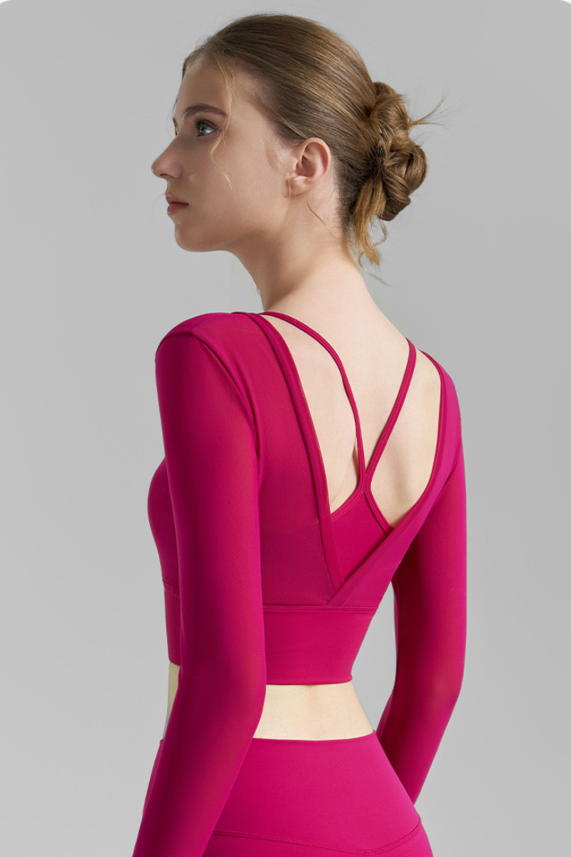 Women's Multi-Color Mesh Faux Two-Piece Cropped Yoga Top