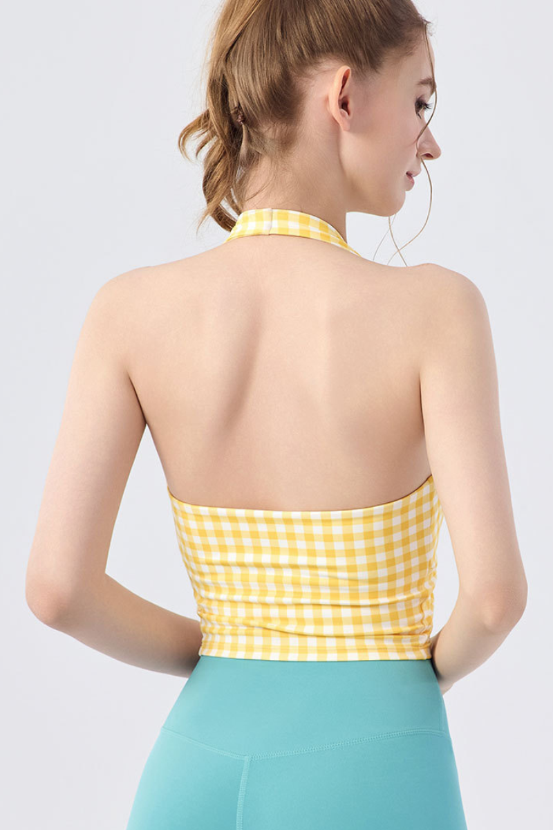 Women's Gingham Halter V-Neck Yoga Tank Top