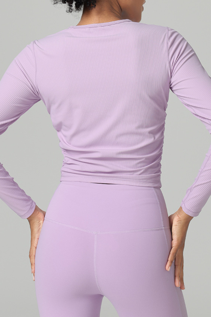 Women's Fall Ribbed Side Ruched Cropped Long Sleeve Athletic Top