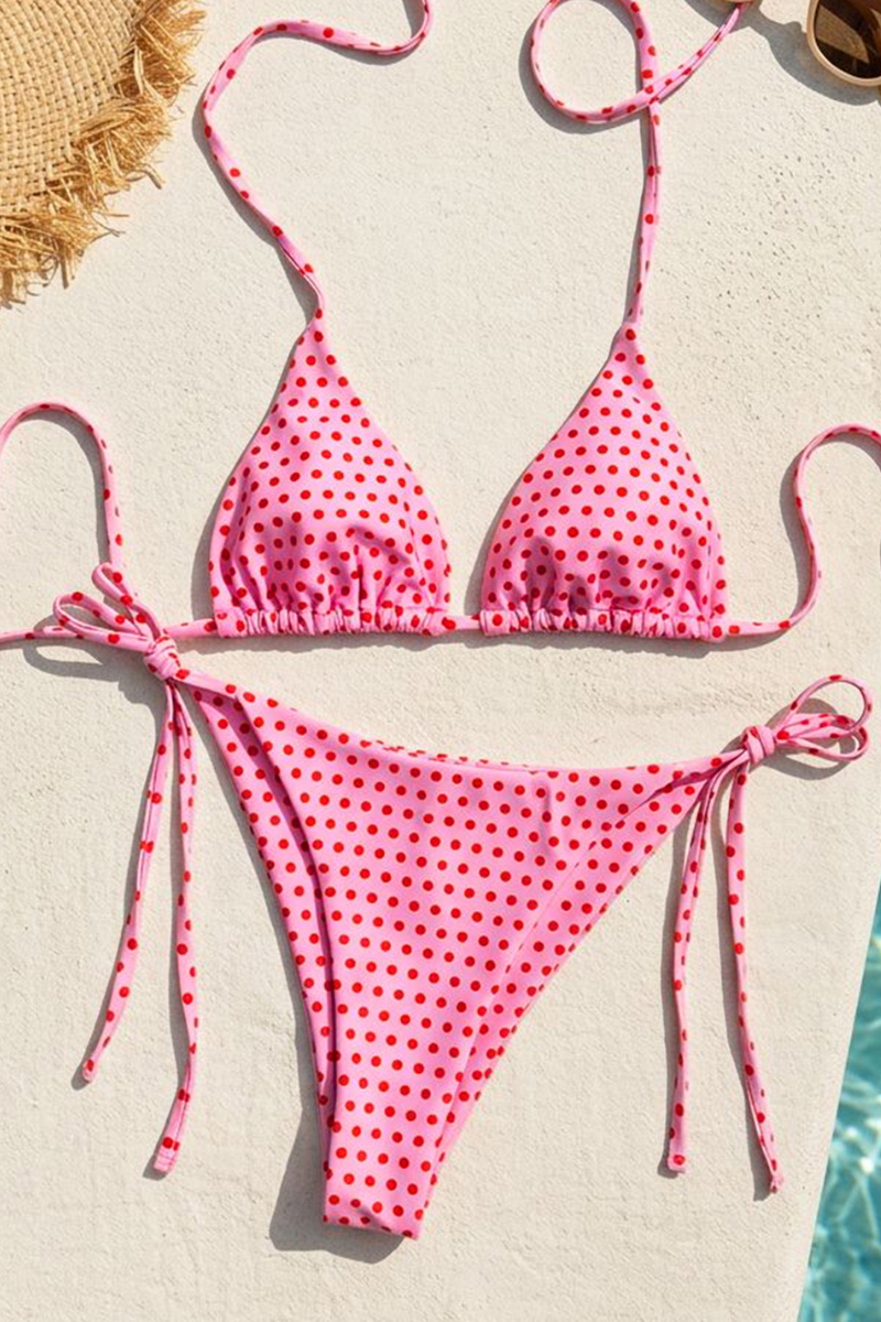 Women Summer Retro Polka Dot Triangle Halter Side Tie Bikini