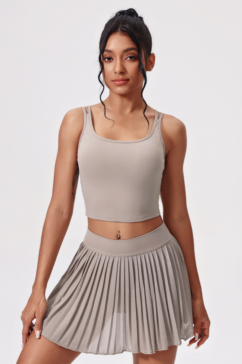 Women's Athletic Lace-Up Tank Top Pleated Skirt Tennis Sets