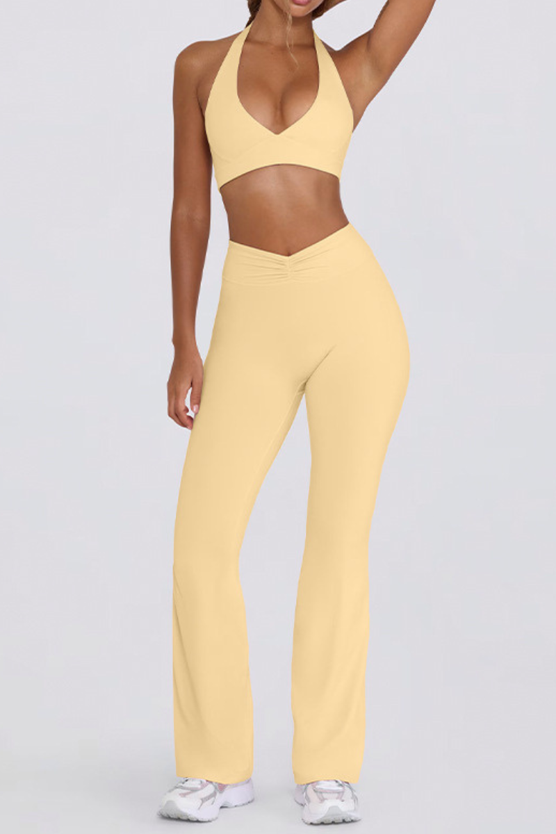 Women's Brushed Pleated Sports Yoga Bra And Flared Pant Set