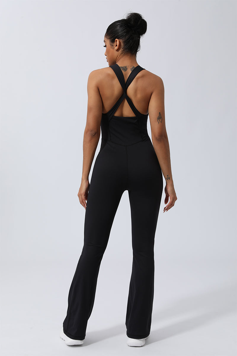 Women Criss Cross Back Sport Flare Jumpsuit