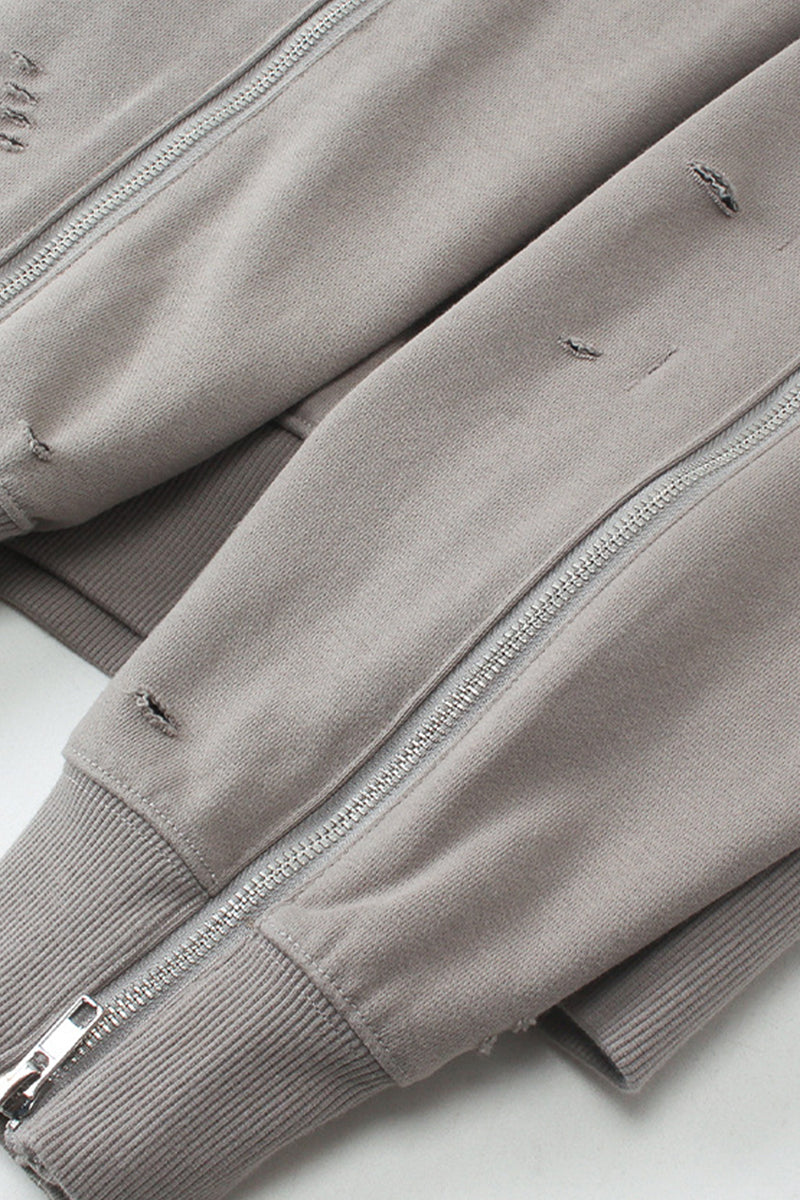 Men/Women Heavyweight Terry Ripped Sleeve Zip Hoodie
