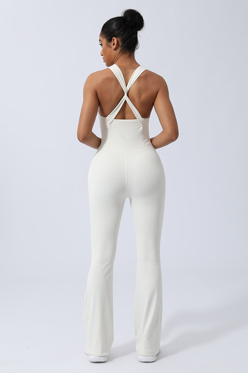 Women Criss Cross Back Sport Flare Jumpsuit