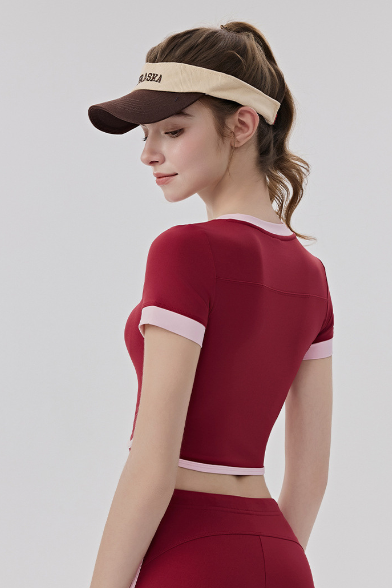 Women Slim Color Block V neck Cropped Yoga Athletic Tee