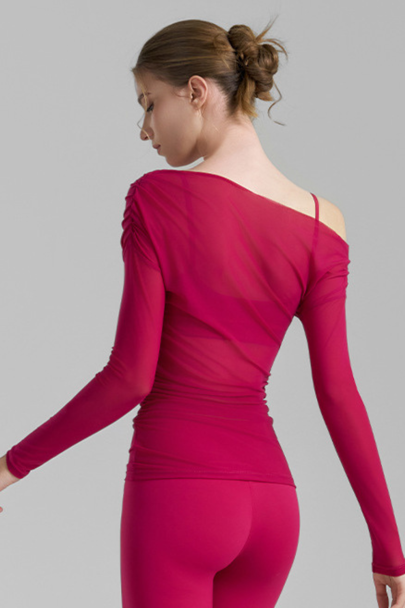 Women's Asymmetric  Shoulder Sheer Mesh Long Sleeve Yoga Top