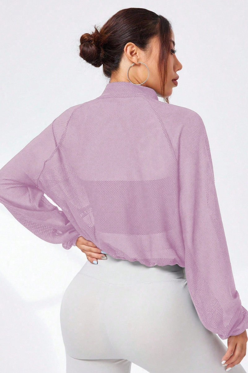 Women's Mock Neck Full Mesh Sheer Cropped Zip-Up Jacket