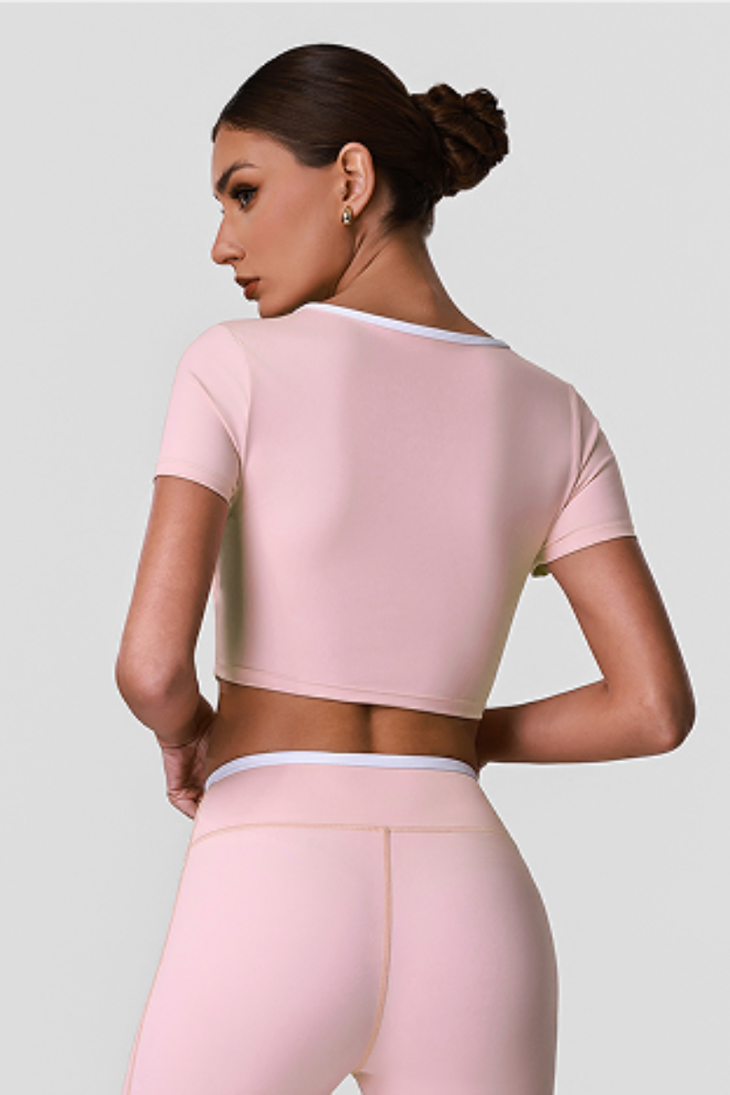 Women's Contrast Cross Cutout Neckline Cropped Workout Tee