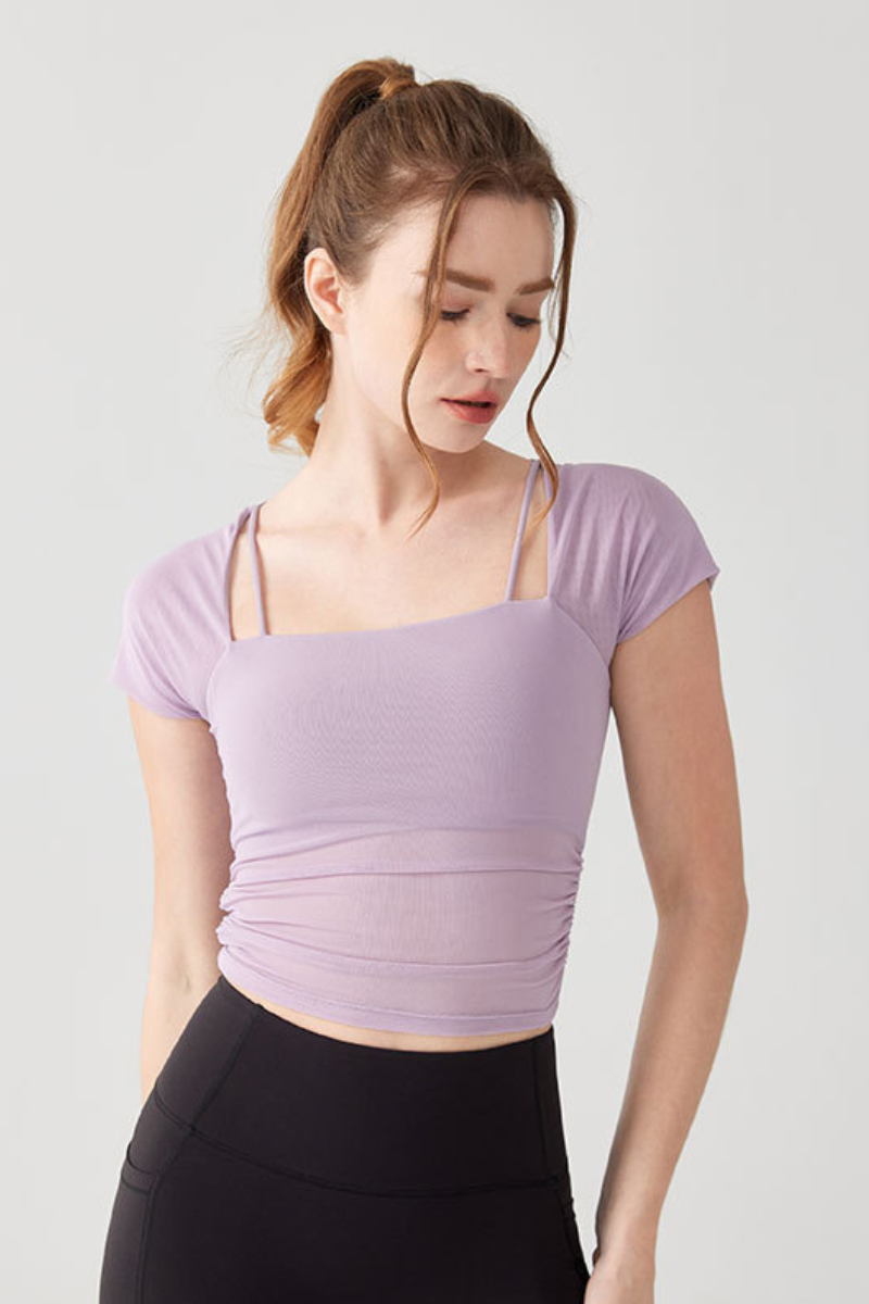 Women's Mesh Sheer Layer Faux Two-Piece Padded Athletic Tee