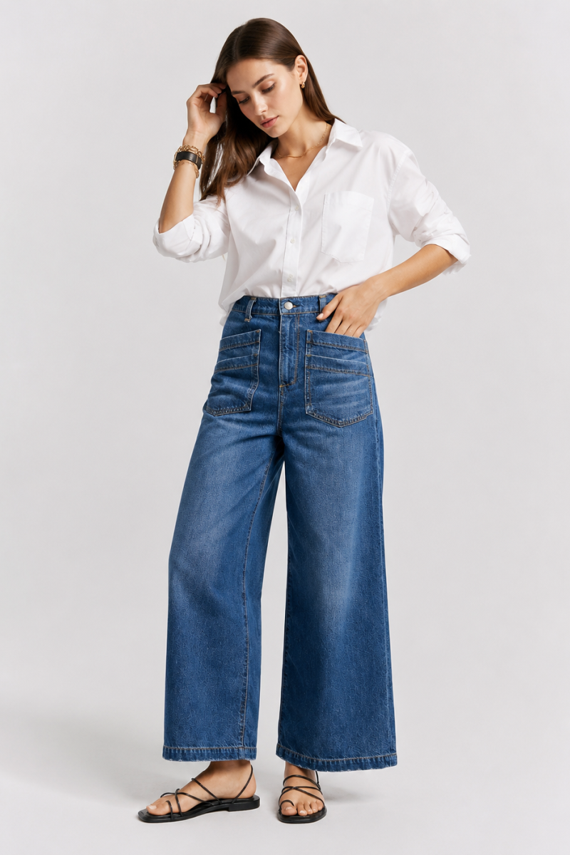 Women's High Waisted Wide Leg Jeans with Front Patch Pockets