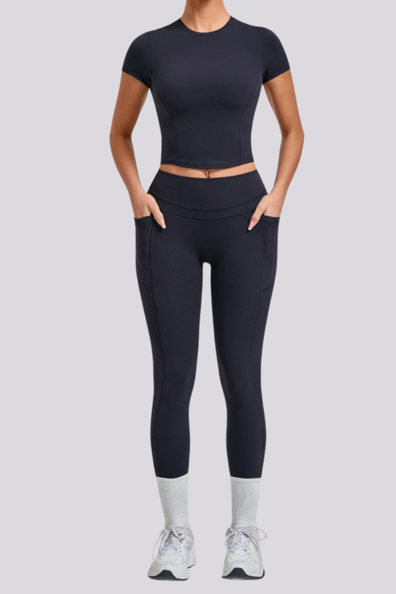 Women's Crew Neck T-shirt Pocket Leggings Yoga 2 Piece Set