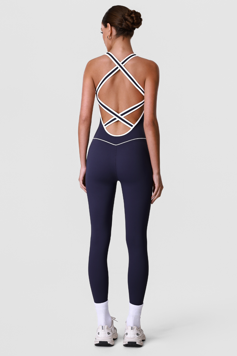 Women's Contrast Piping Crisscross Back Yoga Jumpsuits