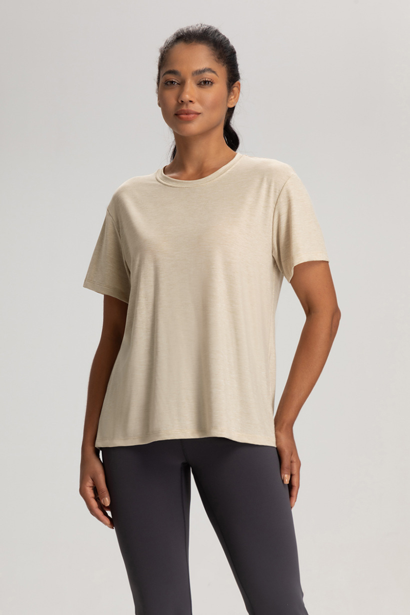 Women Solid Breathable Relaxed-Fit Yoga Short-Sleeve T-Shirt