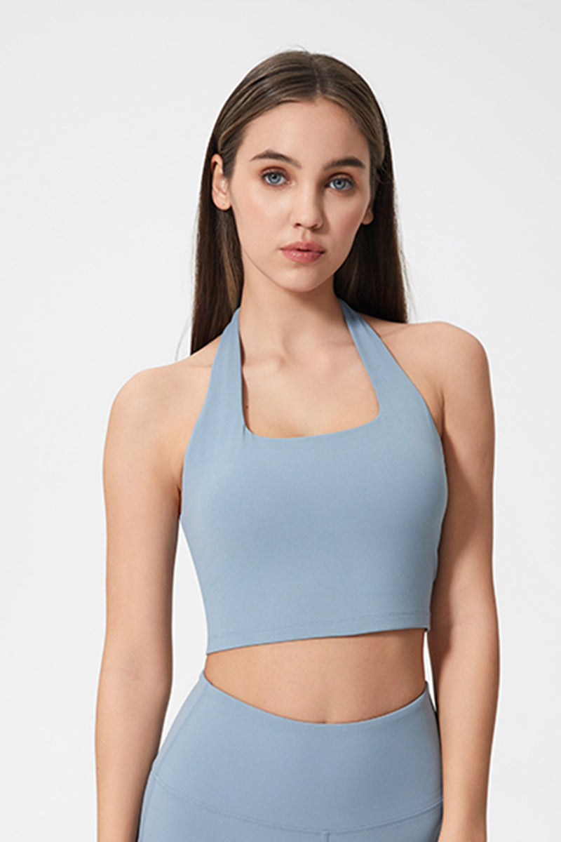 Women Sexy Halter Seamless Ruching Back Sports Bra