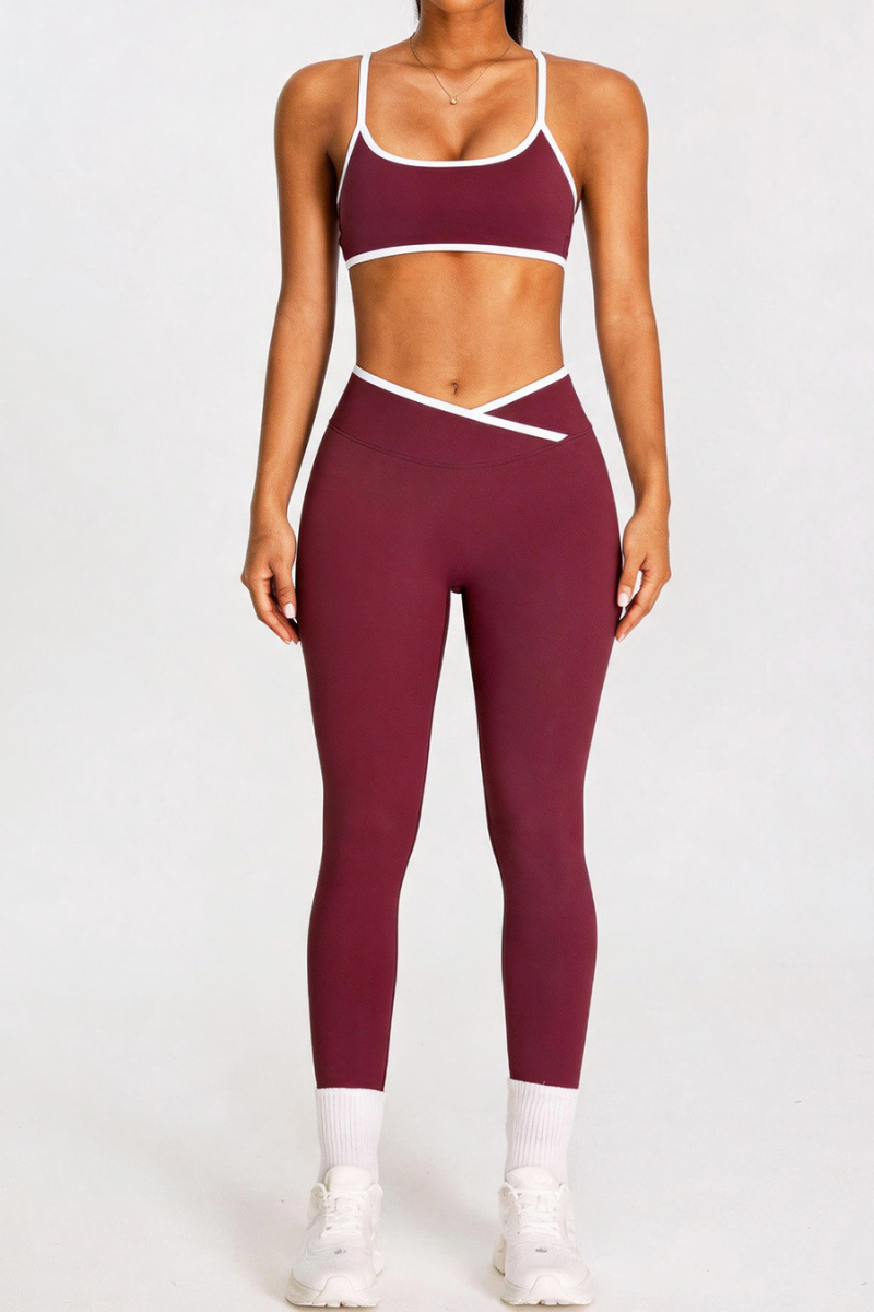 Women's Color-Block Bra And Cross Waist Leggings Sport Set