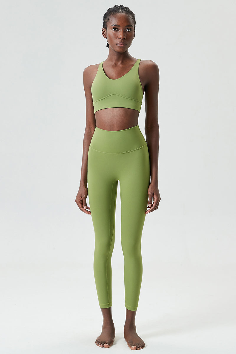 Solid color back cross sports bra + casual sports leggings 2-piece set