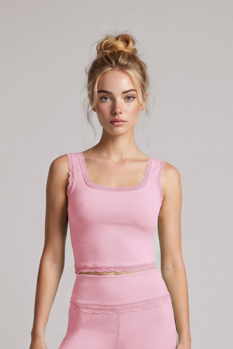 Women's Lace Trim Square Neck Cropped Sports Yoga Tank Top