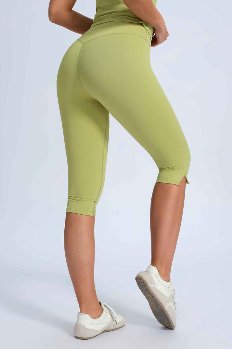 Women's High Waist Capri Leggings with Side Slit at Hem