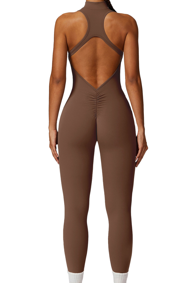 Women's Half Zip Mock Neck Cutout Back One Piece Jumpsuit