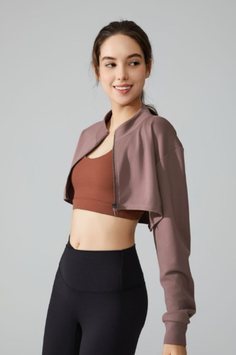 Women's Mock Neck Full Zip Cropped Loose Athletic Jacket