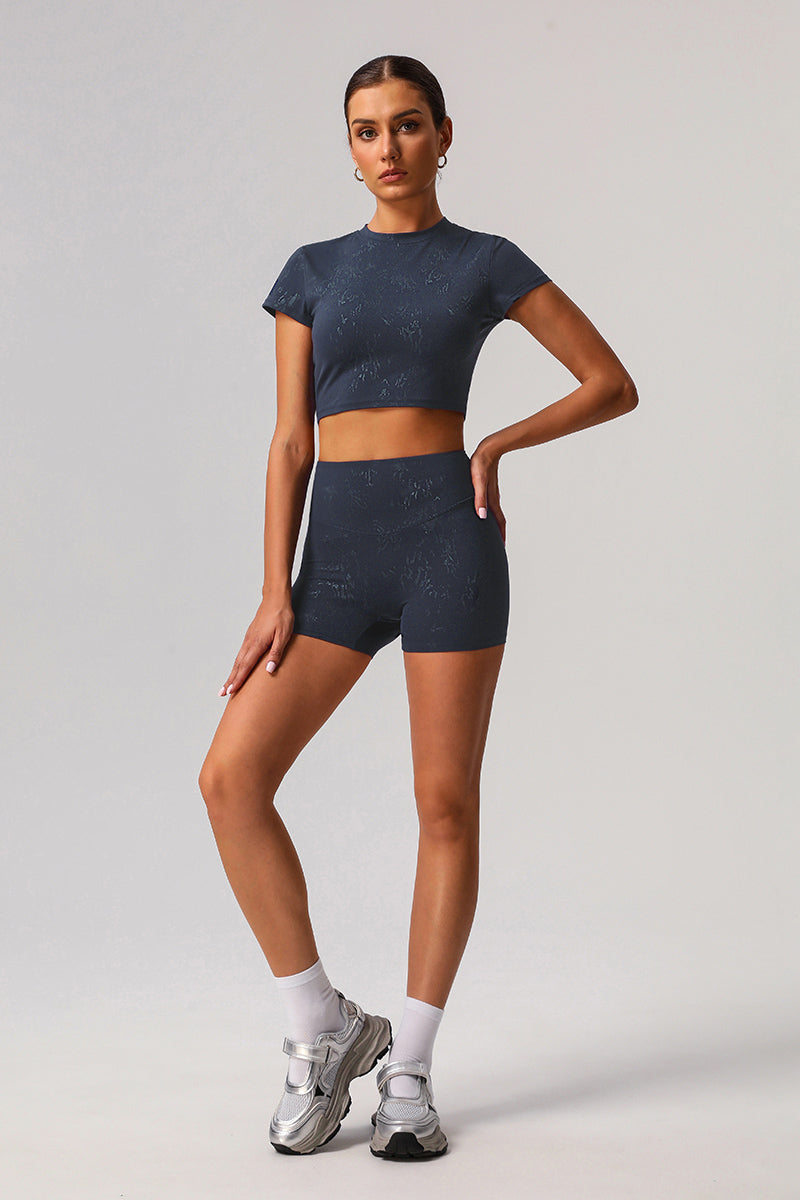 Women Gold Foil Fabric Sports T-Shirts + Yoga Sports Shorts