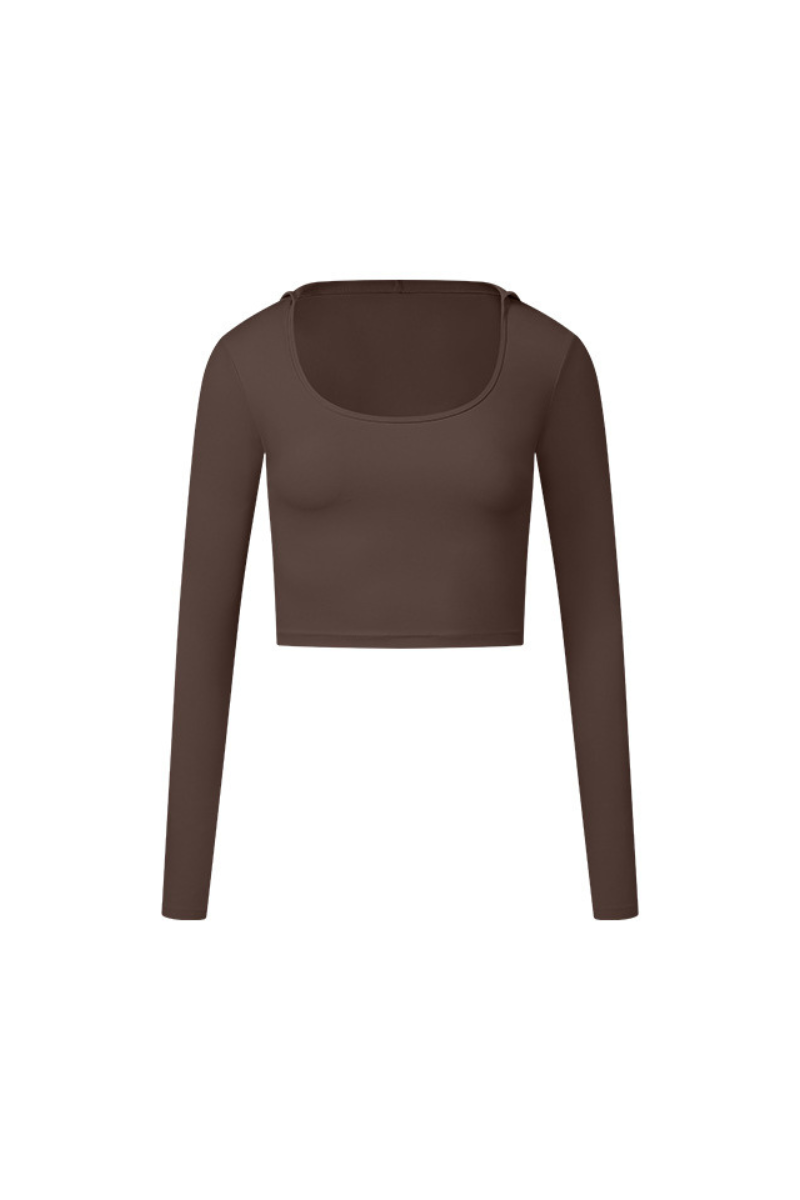 U-Neck Hooded Long-Sleeve Top with Naked Feel Fabric