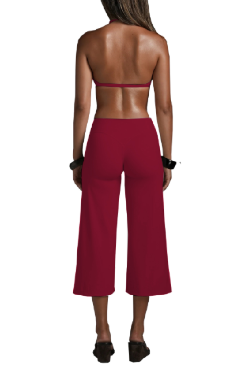 Women's Halter V-Neck Triangle Cup Sports Bra & High-Waist 7/8 Wide-Leg Yoga Pants Set