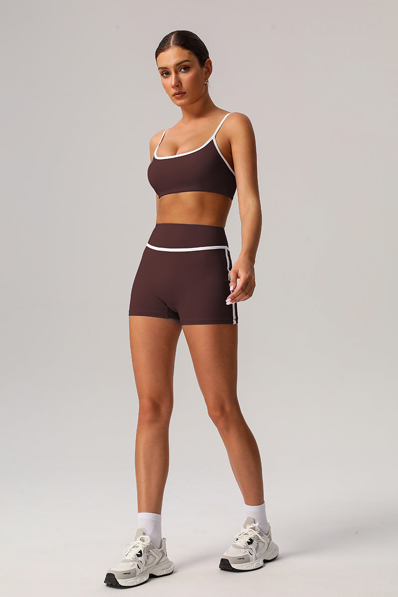 Women White Piping Yoga Sports Bras With Sports Shorts