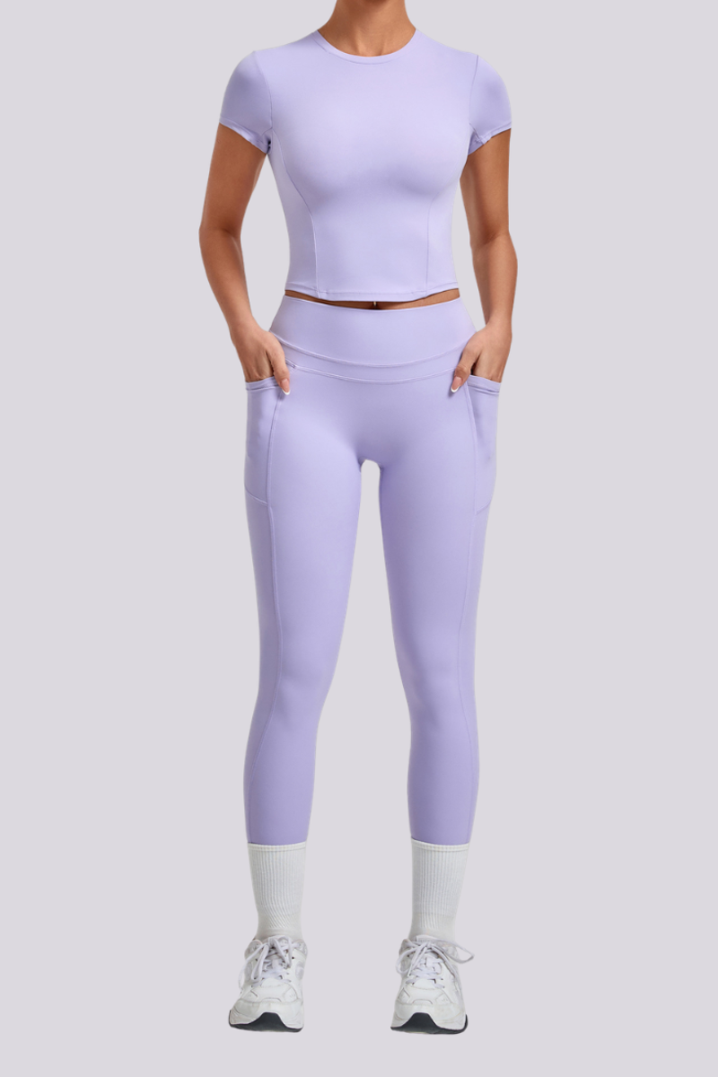 Women's Crew Neck T-shirt Pocket Leggings Yoga 2 Piece Set
