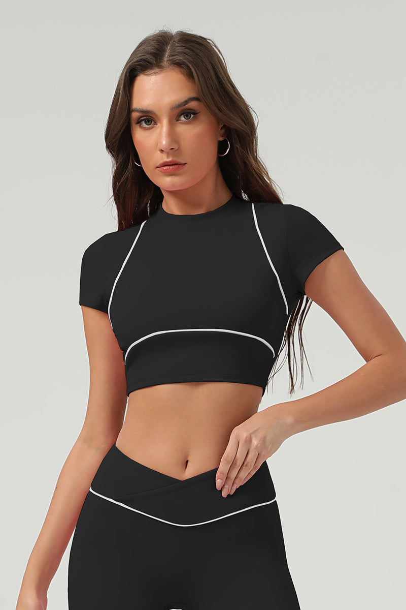 Women Summer Quick-Dry Color-Block Cropped Fitness Tee With Slim-Fit Design