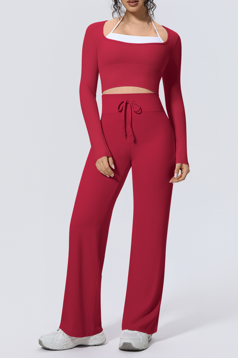 Women Sets:Cropped Long Sleeve T-shirt And Straight Leg Pant