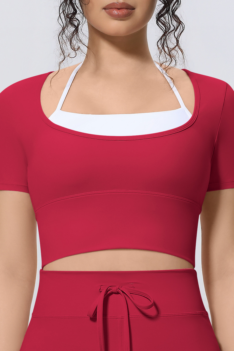 Women Athletic Fake Two Color Block Cropped Halter T-shirt